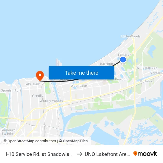 I-10 Service Rd. at Shadowlawn to UNO Lakefront Arena map