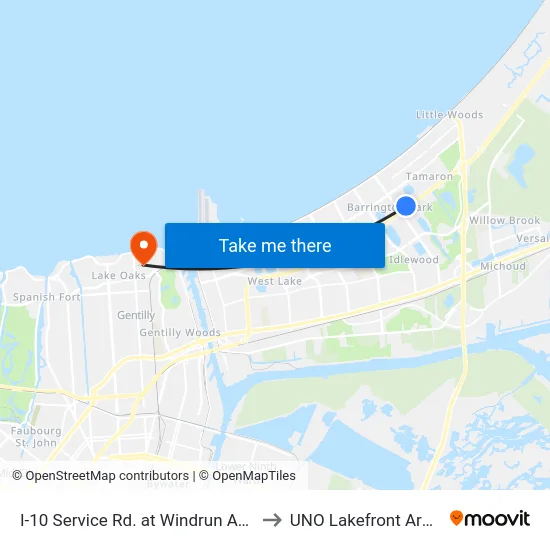 I-10 Service Rd. at Windrun Apts. to UNO Lakefront Arena map