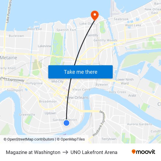 Magazine at Washington to UNO Lakefront Arena map