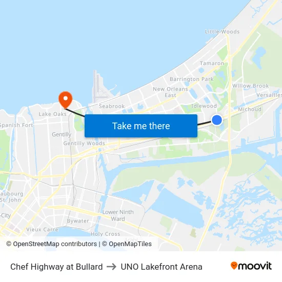 Chef Highway at Bullard to UNO Lakefront Arena map