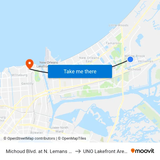 Michoud Blvd. at N. Lemans St. to UNO Lakefront Arena map