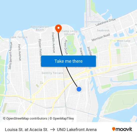 Louisa St. at Acacia St. to UNO Lakefront Arena map