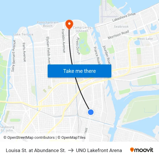 Louisa St. at Abundance St. to UNO Lakefront Arena map
