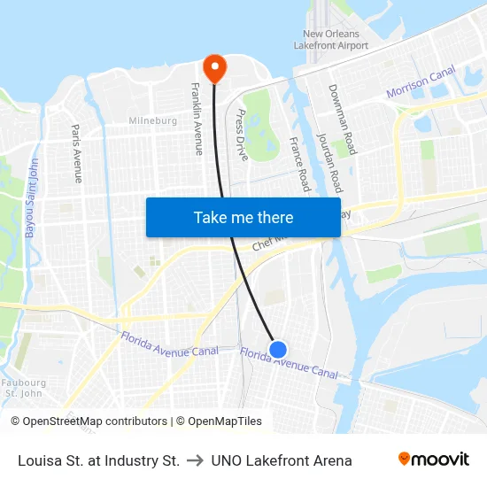 Louisa St. at Industry St. to UNO Lakefront Arena map