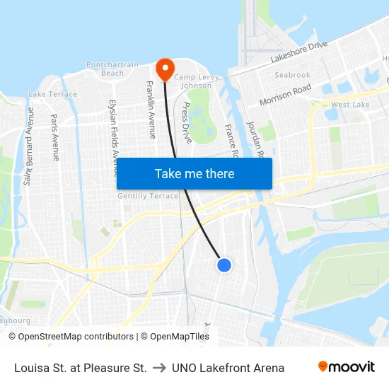 Louisa St. at Pleasure St. to UNO Lakefront Arena map