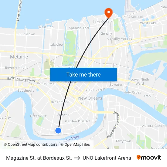 Magazine St. at Bordeaux St. to UNO Lakefront Arena map