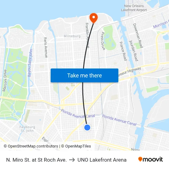 N. Miro St. at St Roch Ave. to UNO Lakefront Arena map