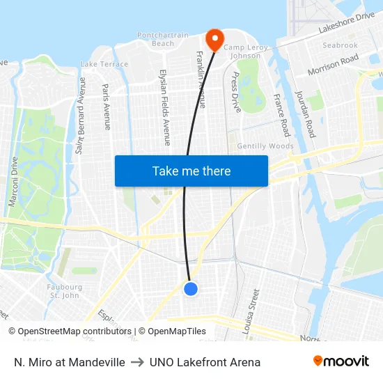 N. Miro at Mandeville to UNO Lakefront Arena map