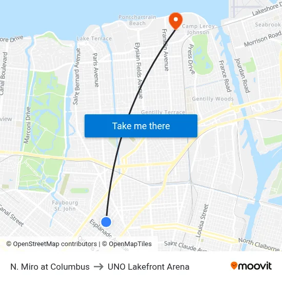 N. Miro at Columbus to UNO Lakefront Arena map