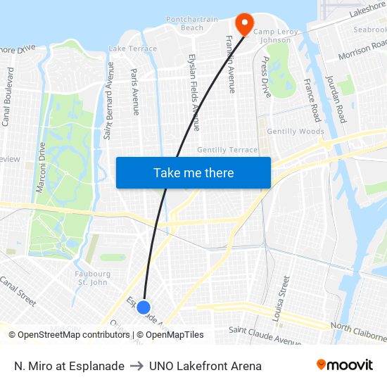 N. Miro at Esplanade to UNO Lakefront Arena map