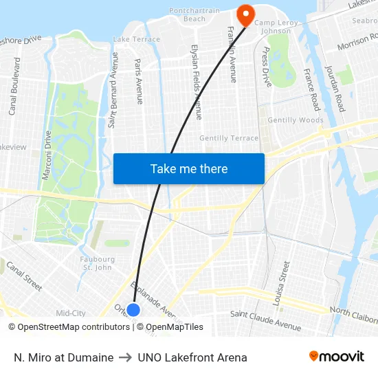N. Miro at Dumaine to UNO Lakefront Arena map