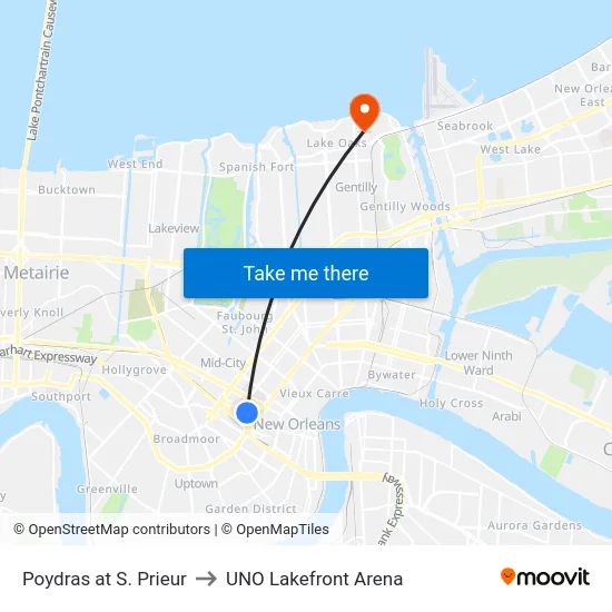 Poydras at S. Prieur to UNO Lakefront Arena map