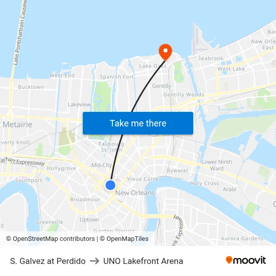 S. Galvez at Perdido to UNO Lakefront Arena map