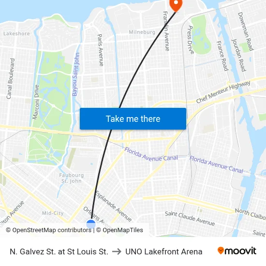 N. Galvez St. at St Louis St. to UNO Lakefront Arena map