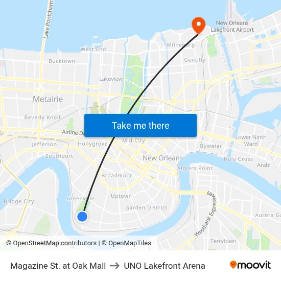 Magazine St. at Oak Mall to UNO Lakefront Arena map