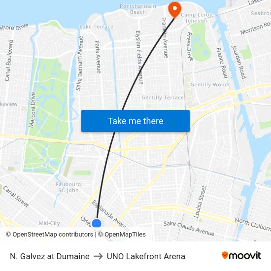 N. Galvez at Dumaine to UNO Lakefront Arena map
