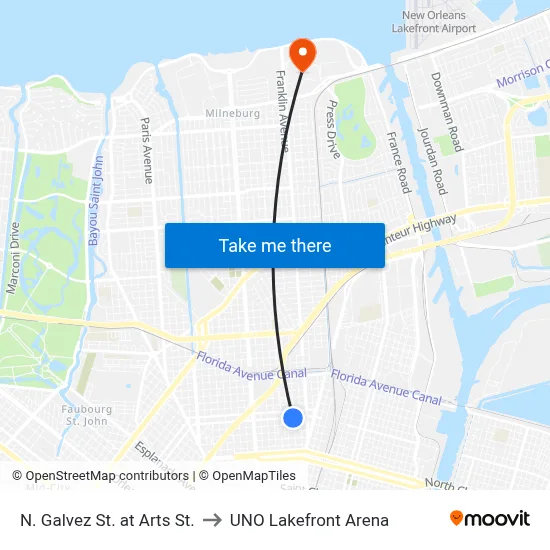 N. Galvez St. at Arts St. to UNO Lakefront Arena map