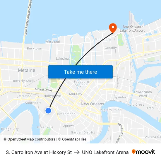 S. Carrollton Ave at Hickory St to UNO Lakefront Arena map
