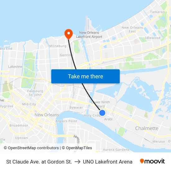 St Claude Ave. at Gordon St. to UNO Lakefront Arena map
