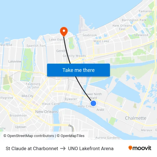 St Claude at Charbonnet to UNO Lakefront Arena map