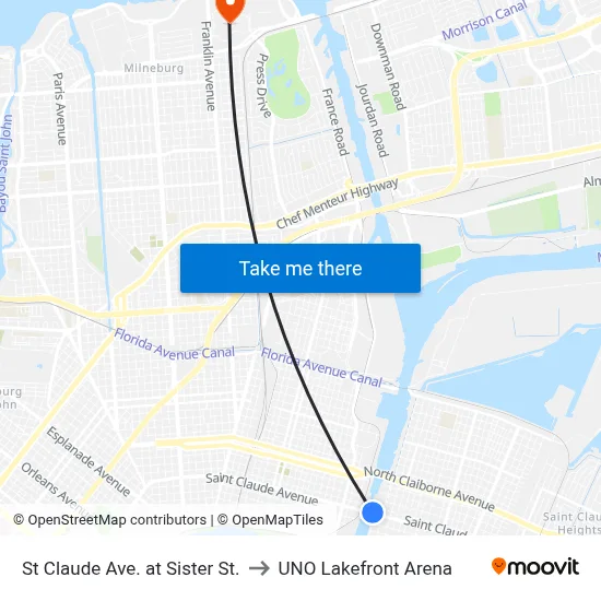 St Claude Ave. at Sister St. to UNO Lakefront Arena map