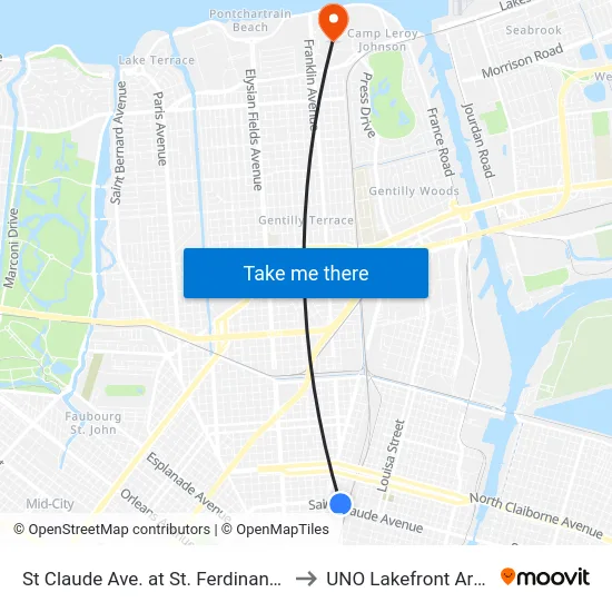 St Claude Ave. at St. Ferdinand St. to UNO Lakefront Arena map