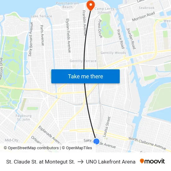 St. Claude St. at Montegut St. to UNO Lakefront Arena map