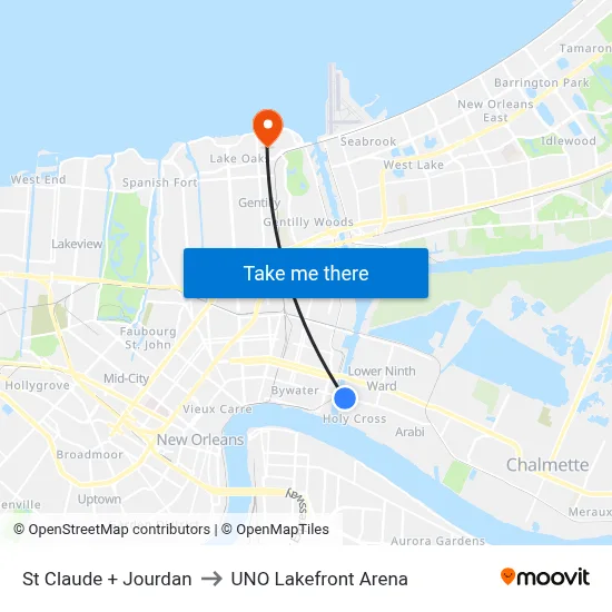 St Claude + Jourdan to UNO Lakefront Arena map