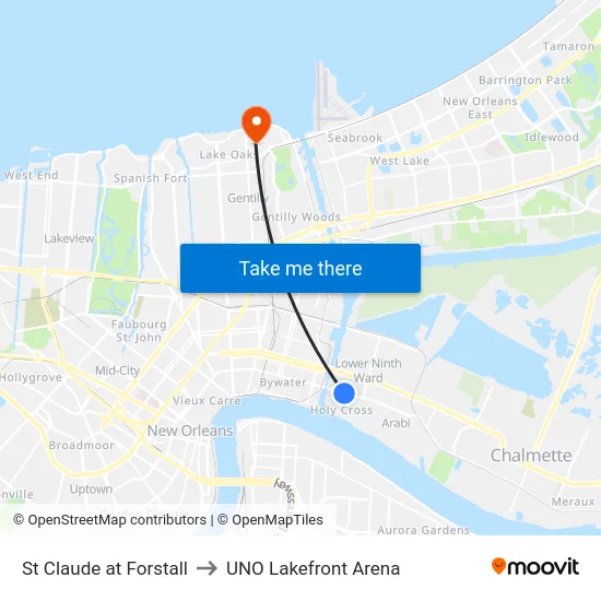 St Claude at Forstall to UNO Lakefront Arena map