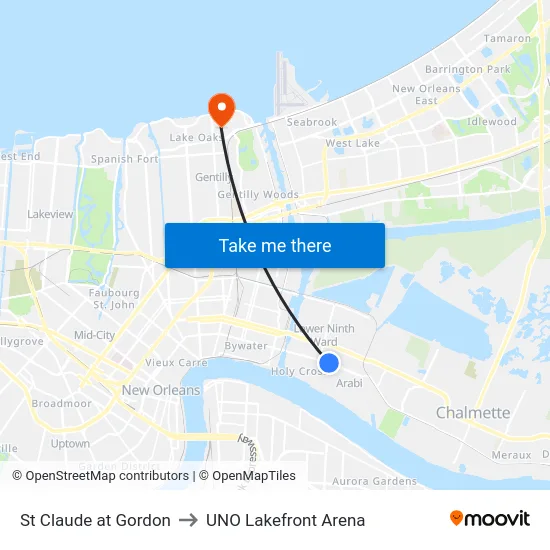 St Claude at Gordon to UNO Lakefront Arena map