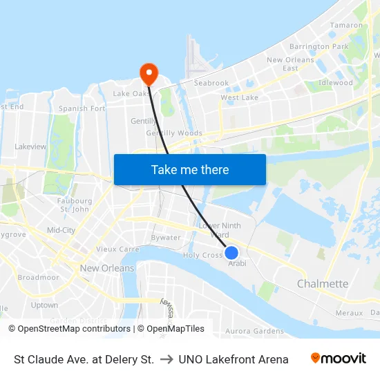 St Claude Ave. at Delery St. to UNO Lakefront Arena map