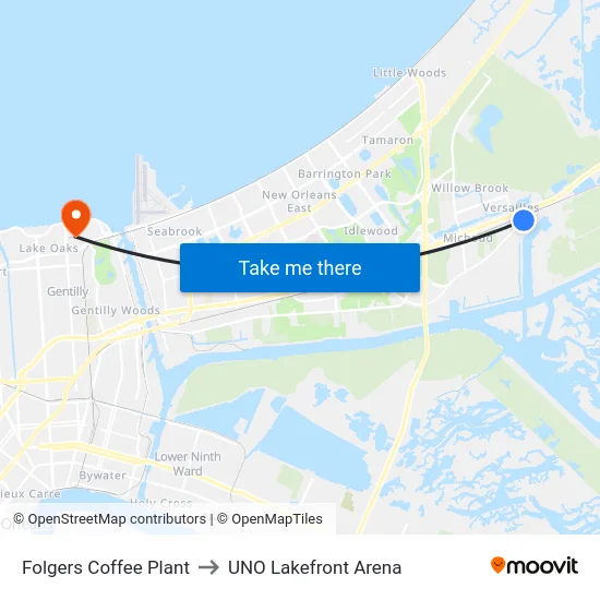 Folgers Coffee Plant to UNO Lakefront Arena map