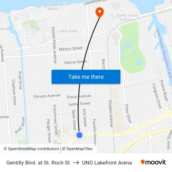 Gentilly Blvd. at St Roch Ave. to UNO Lakefront Arena map