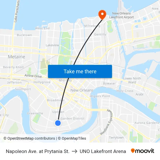 Napoleon Ave. at Prytania St. to UNO Lakefront Arena map
