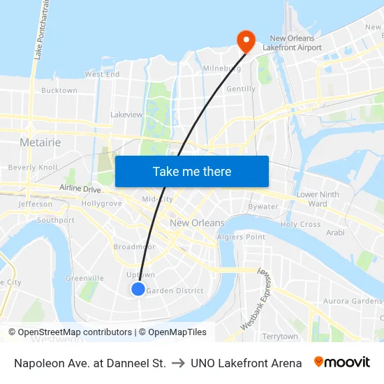 Napoleon Ave. at Danneel St. to UNO Lakefront Arena map