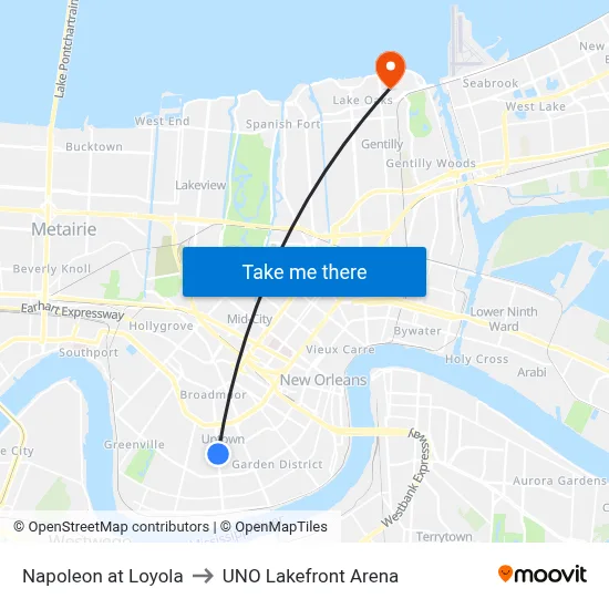 Napoleon at Loyola to UNO Lakefront Arena map