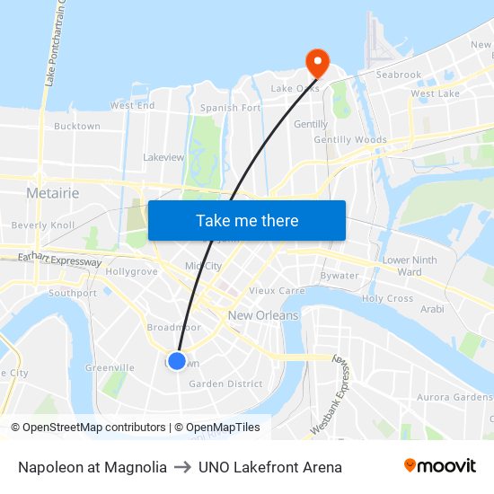 Napoleon at Magnolia to UNO Lakefront Arena map