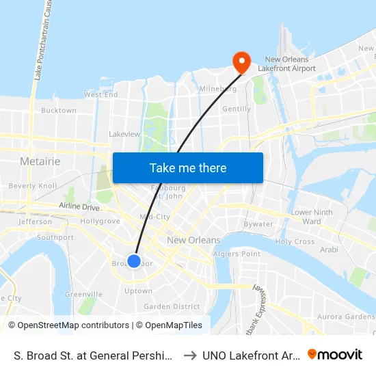 S. Broad St. at General Pershing St. to UNO Lakefront Arena map
