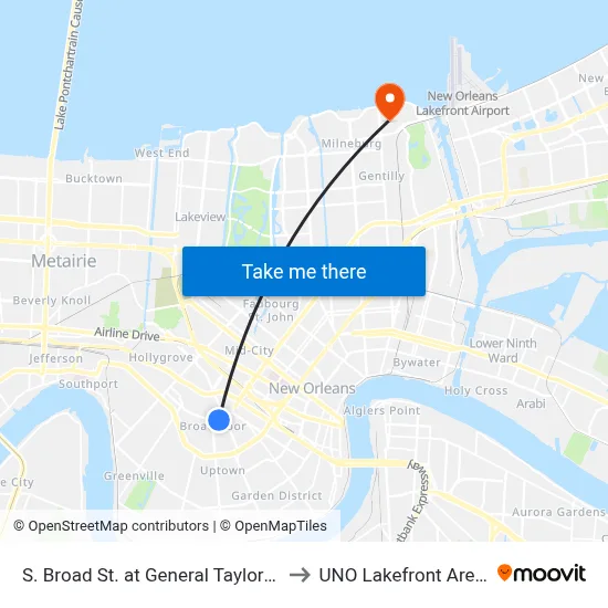 S. Broad St. at General Taylor St. to UNO Lakefront Arena map