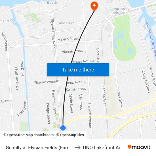 Gentilly at Elysian Fields (Farside) to UNO Lakefront Arena map