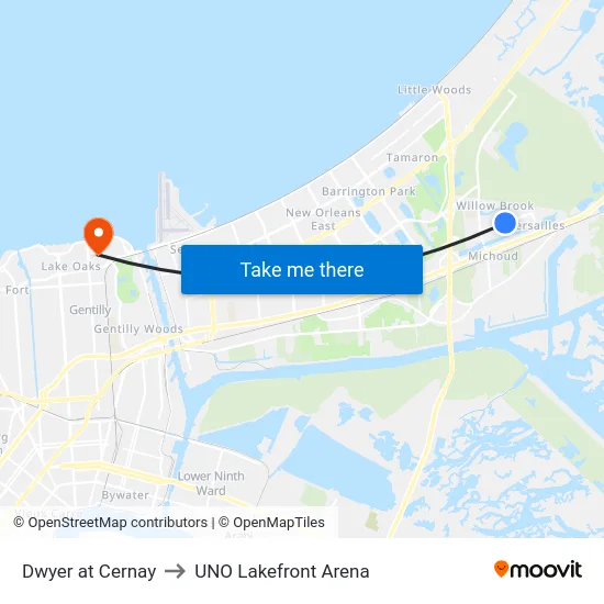 Dwyer at Cernay to UNO Lakefront Arena map