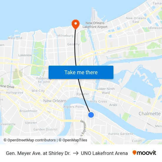 Gen. Meyer Ave. at Shirley Dr. to UNO Lakefront Arena map