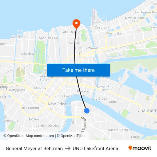 General Meyer at Behrman to UNO Lakefront Arena map