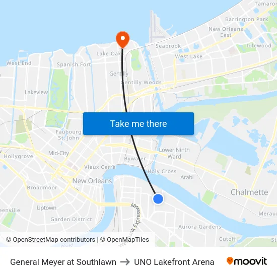 General Meyer at Southlawn to UNO Lakefront Arena map