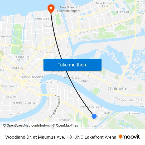 Woodland Dr. at Maumus Ave. to UNO Lakefront Arena map