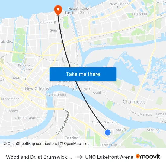 Woodland Dr. at Brunswick Ct. to UNO Lakefront Arena map