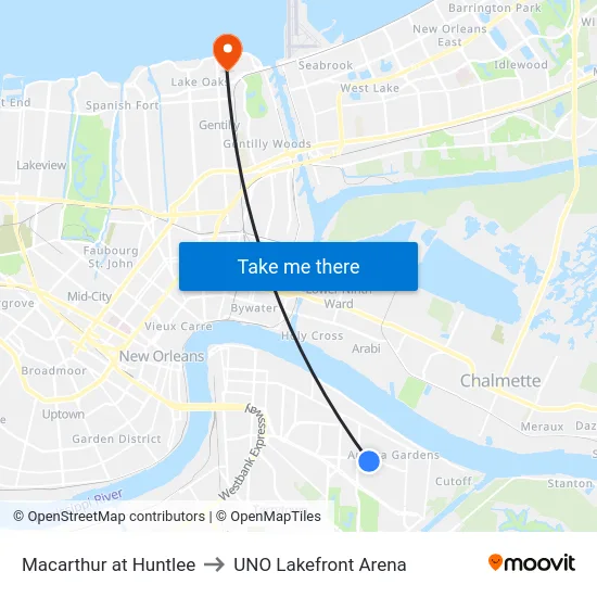 Macarthur at Huntlee to UNO Lakefront Arena map