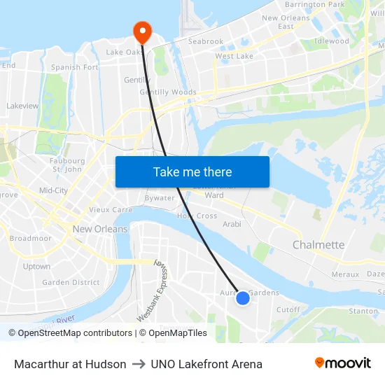 Macarthur at Hudson to UNO Lakefront Arena map