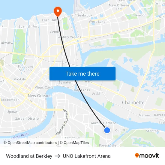 Woodland at Berkley to UNO Lakefront Arena map