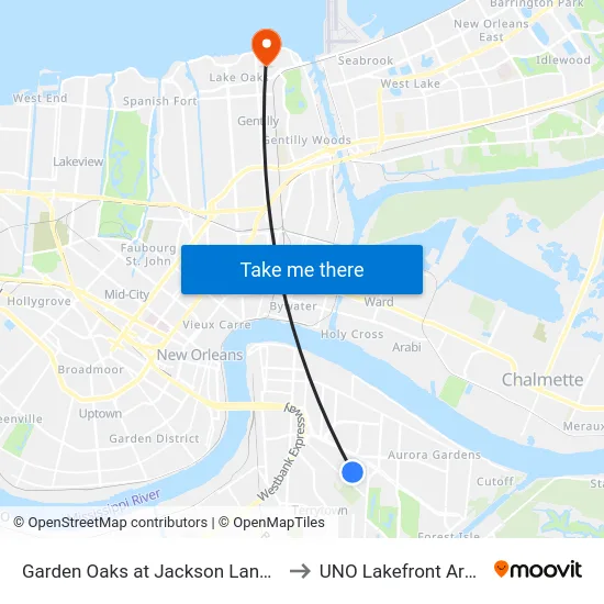 Garden Oaks at Jackson Landing to UNO Lakefront Arena map